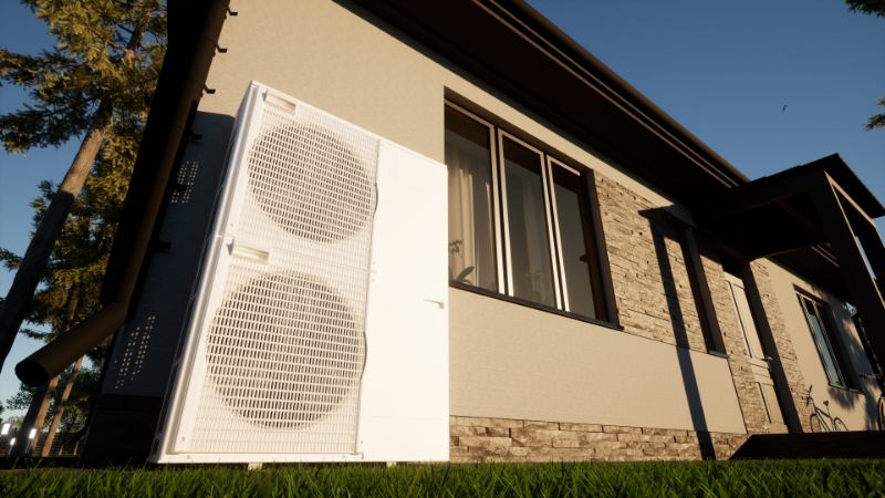 un climatiseur blanc installé à l'extérieur d'une maison