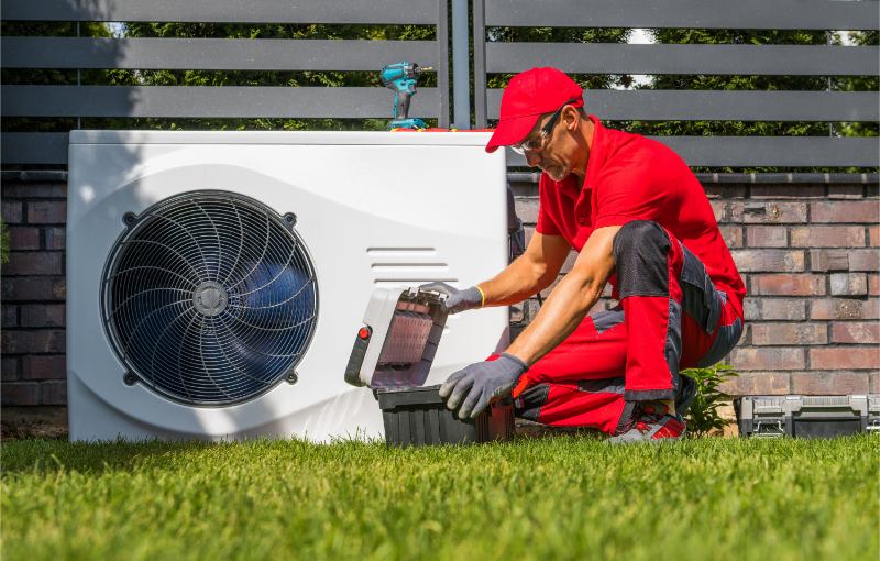un homme en uniforme rouge travaille sur un climatiseur